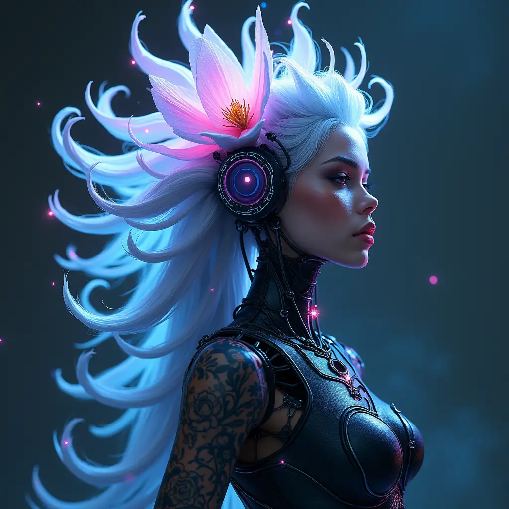 Deathcore combat robotics; {A radiant sorceress with flowing silver hair that blossoms into petals at the tips, each petal glowing with bioluminescent hues. Her tattoos shift and bloom like time-lapse florals, as she weaves spells of shimmering pollen into the air} combat, futuristic, robotic, armored, neon.