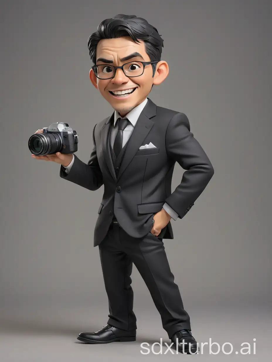 Caricature of photografer wearing black suit costume, fujifilm xt5 camera, gray background