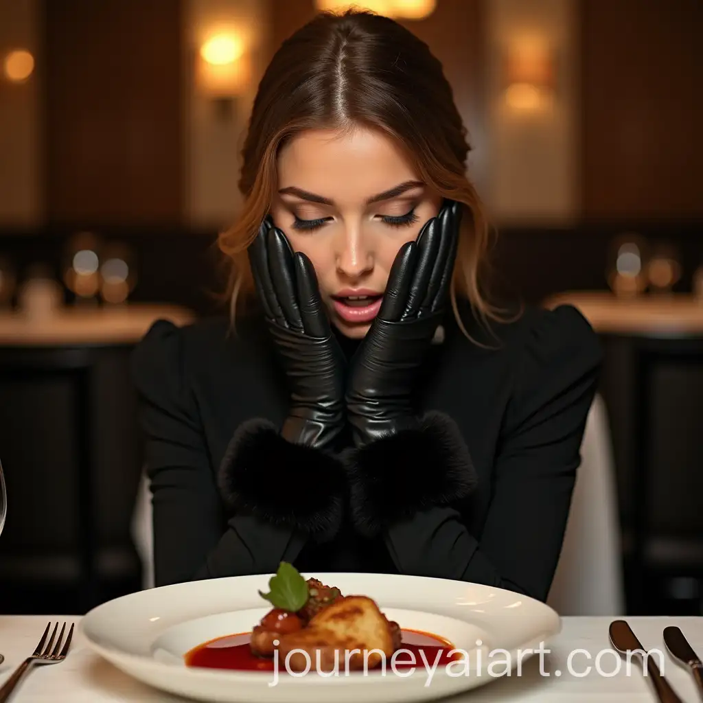 Elegant-Woman-in-Luxury-Restaurant-Marveling-at-Exquisite-Dish-Flavor