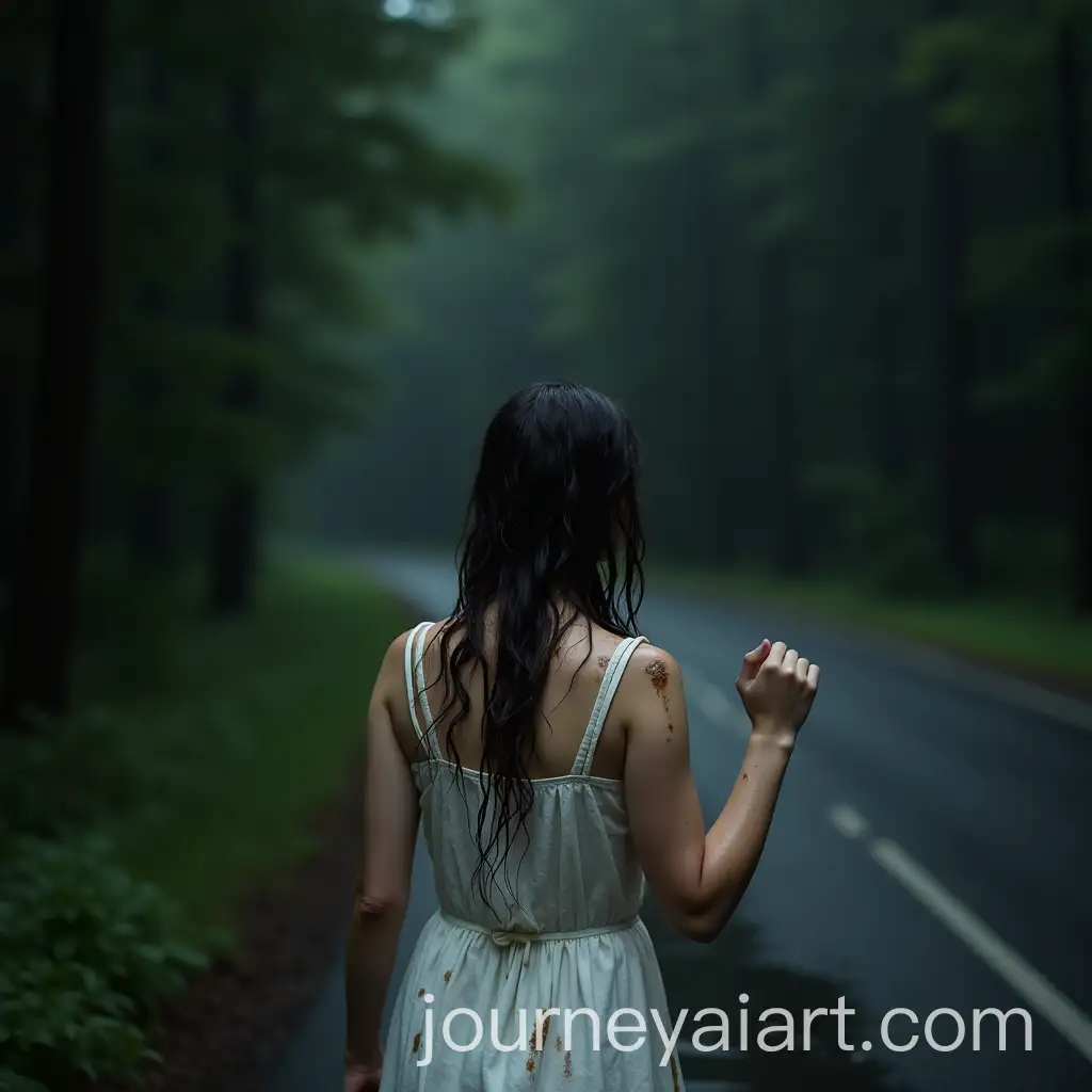 Young-Woman-in-White-Dress-Stained-with-Mud-in-Dark-Forest-During-Rainstorm