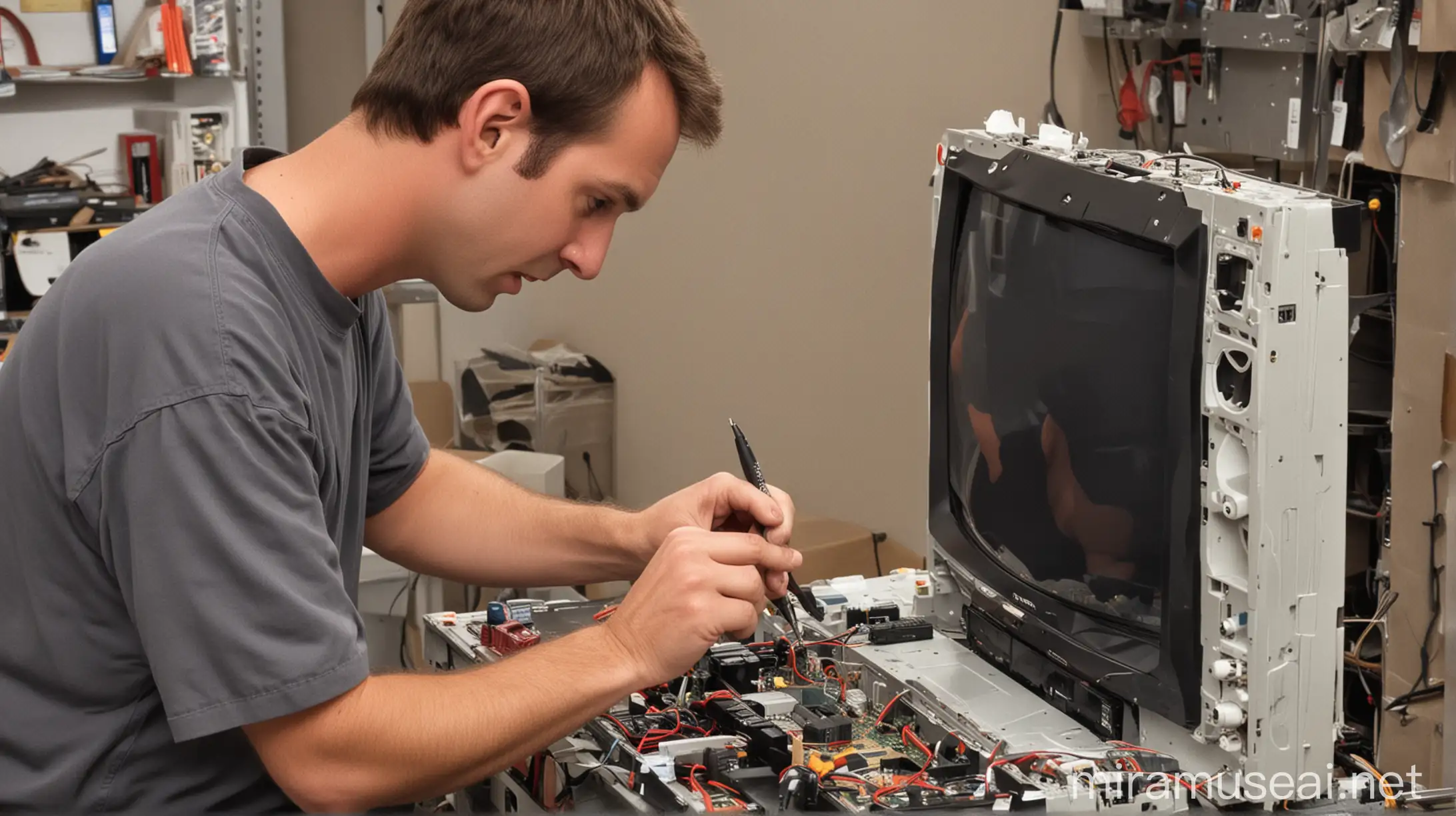 Repairing LCD Flat TV Radioshack Technician with Screwdriver