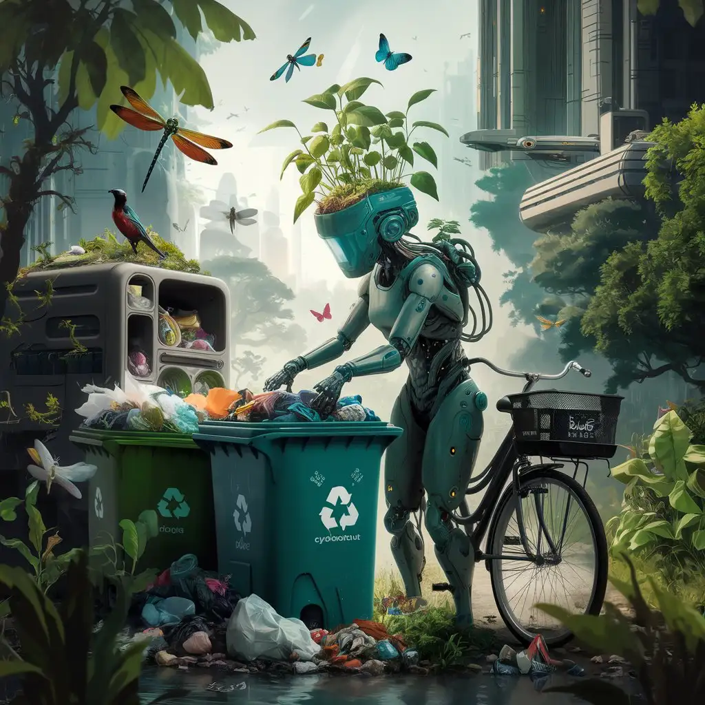 Biological diversity, environmental protection, waste sorting, sci-fi art of green travel