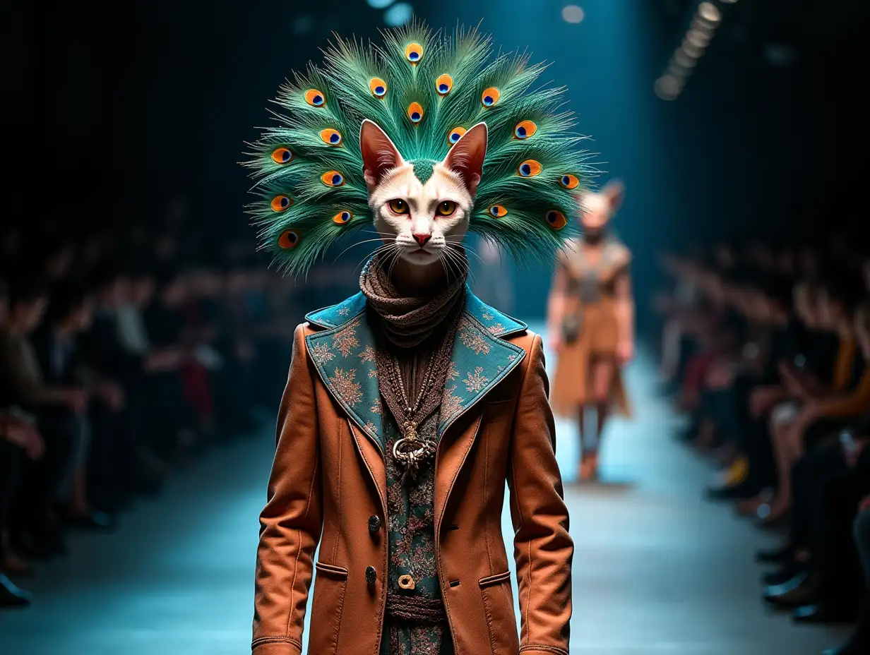 Ki fantasy a mixture of man and cat and peacock head fashion design at a fashion show