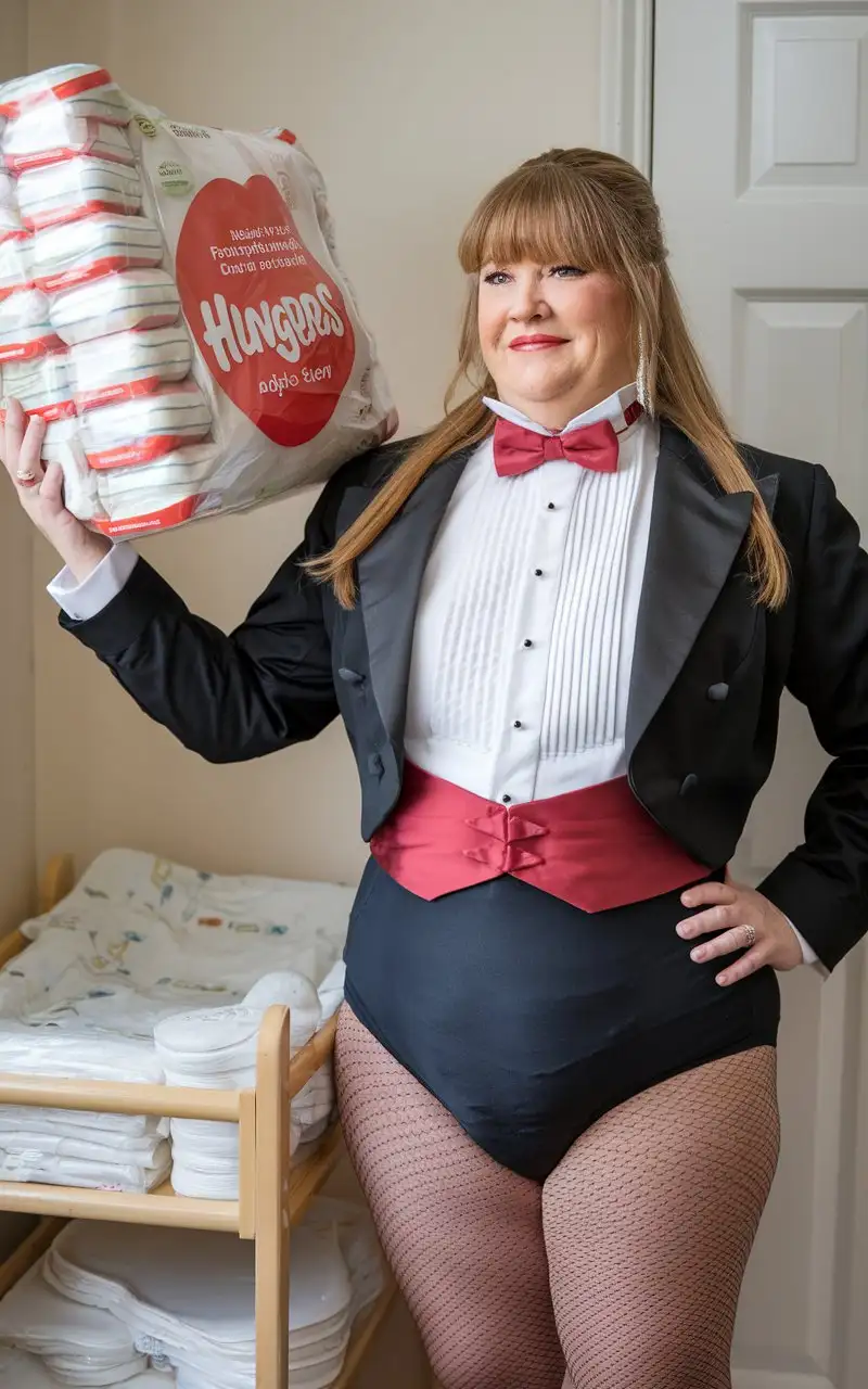 Smiling-MiddleAged-Woman-in-Formal-Tuxedo-Holding-Huggies-Package-in-Nursery