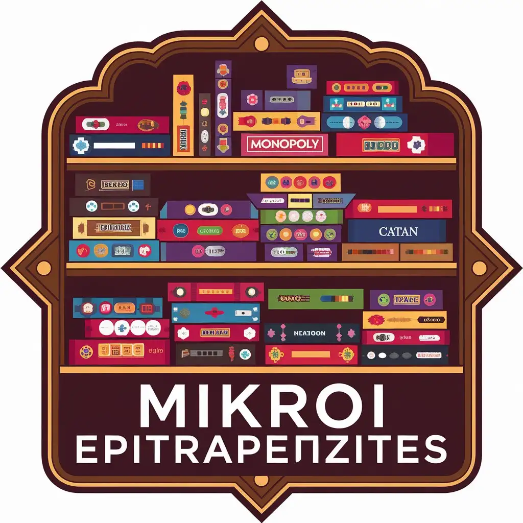 LOGO Design for Mikroi Epitrapezites Board Games on Shelf with Jenga Monopoly Cluedo Catan Theme