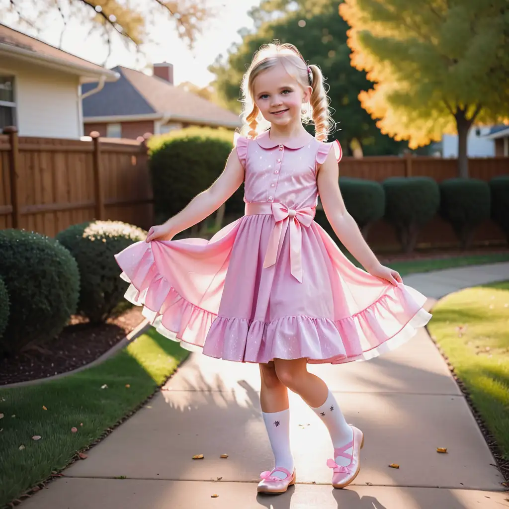 eight year old girl, pink dress, frilly dress, blonde, pigtails, white frilly ankle socks, sparkly flats, sash, curtsy. short dress, cute and girly pose, outside, frills, twirling, sparkly dress, print dress,