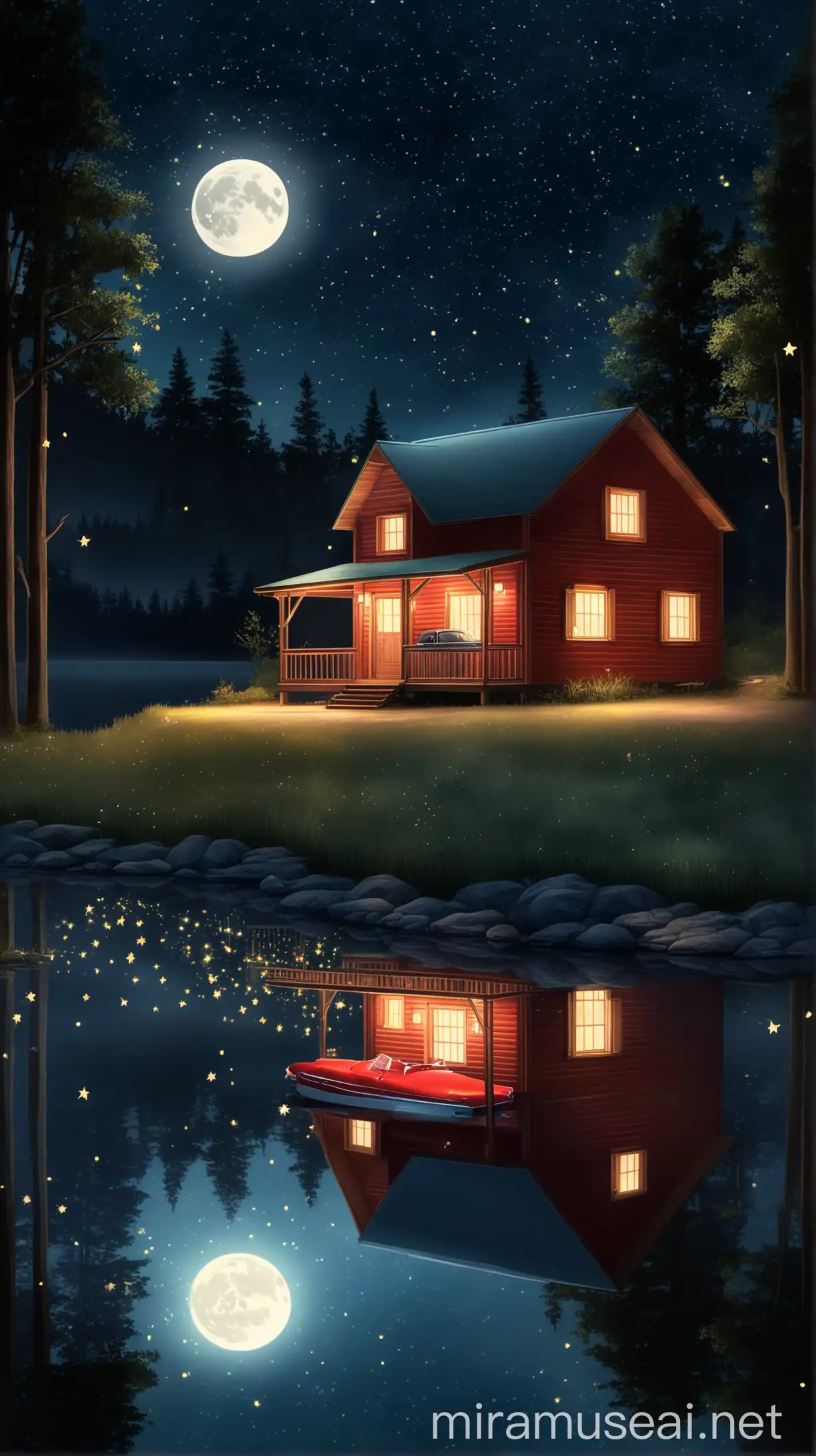 Tranquil Night Scene with Red Car and Cabin by Water