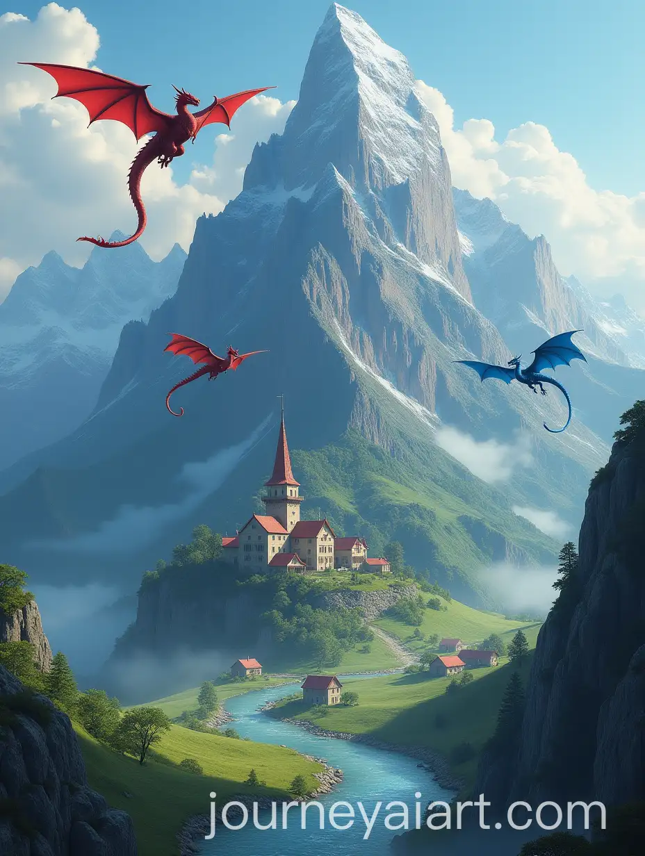 Gigantic-Mountain-with-Village-and-Four-Dragons-in-the-Sky
