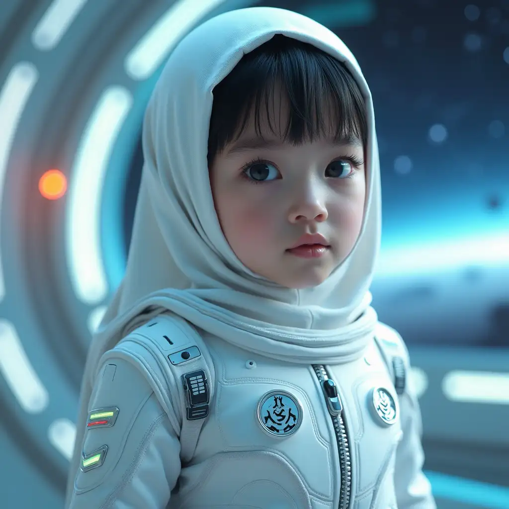 A futuristic and realistic depiction of a cute boy age 5 years indonesian girl in a high-tech sci-fi setting. She wears a striking Islamic  and has piercing black eyes that gaze directly at the camera. She is dressed in a sleek, futuristic astronaut outfit in white, with intricate details blending advanced technology and modern fashion and inscribed 'Azan' on the chest. The environment around her is a high-tech space station with glowing panels, holograms, and a starry view in the background. Her posture exudes confidence and strength, while her outfit highlights elegance and modernity. The lighting enhances the scene with a soft glow and vibrant accents.