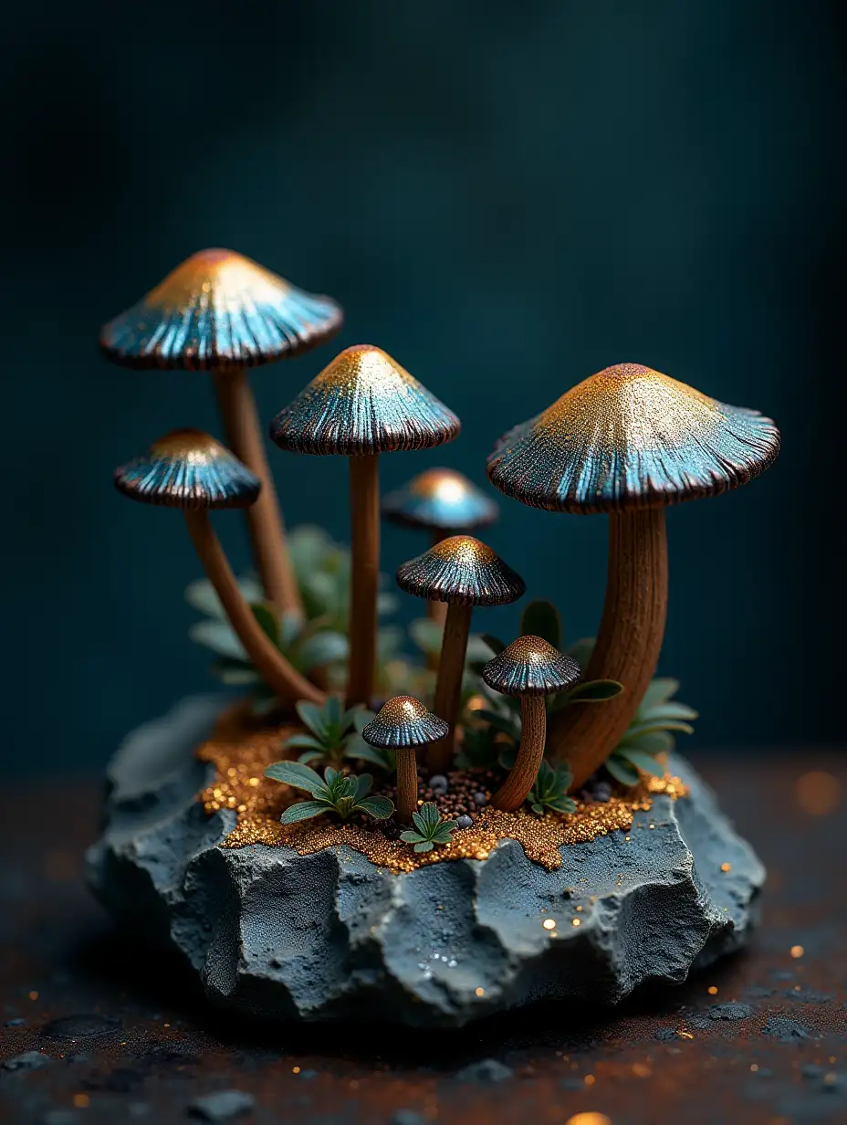 mushrooms flowers miniature, inside a basalt and lava, 3d style, sharp focus, reflections, mica, gradient stains, stardust, studio photo, indigo, black, gold, turquoise