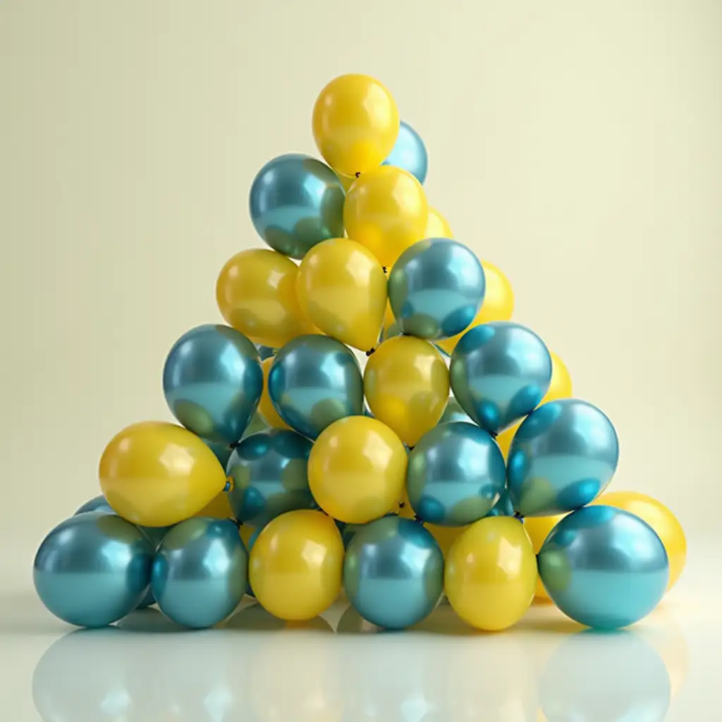 many yellow and blue balloons are stacked at random intervals into a triangular pile,metallic luster,