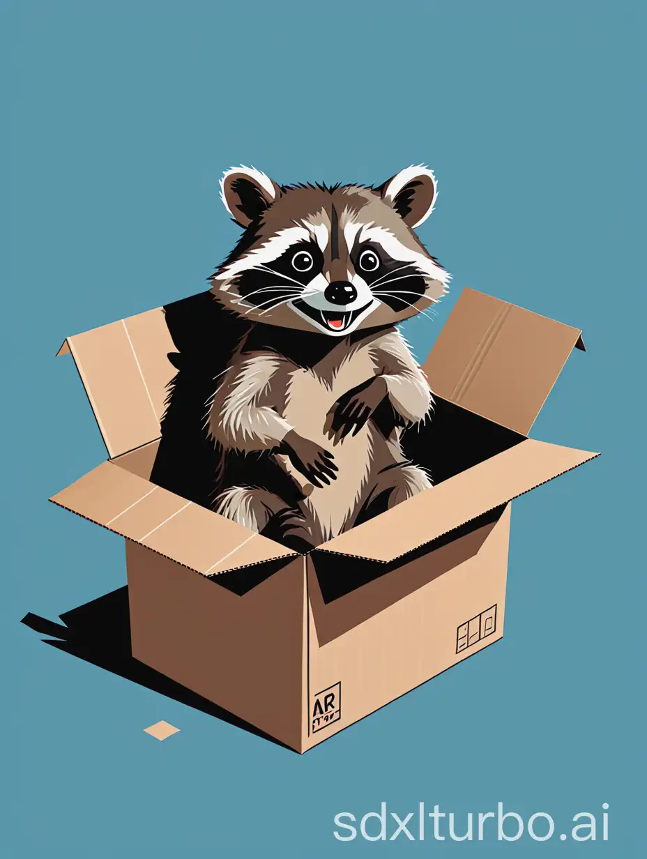 A minimalist, clean vector illustration of a happy raccoon sitting upright in a cardboard box that is clearly too small for it.--ar 2:3 --v 5 --style minimalist