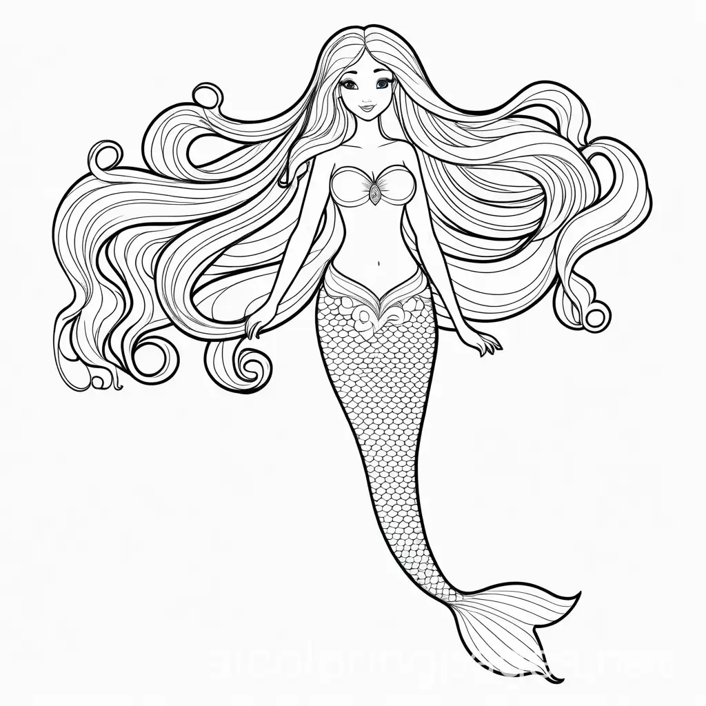 Cartoon-Mermaid-Coloring-Page-with-Long-Hair-Black-and-White-Line-Art