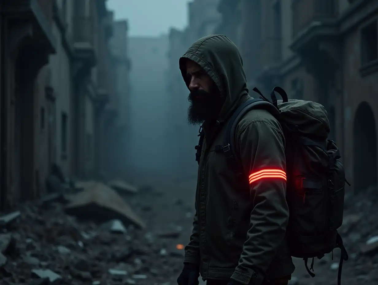 A bearded survivor in a canvas camouflage and backpack sneaks through the heavily ruined ruins of a night city. A red reflective band is worn on the survivor's sleeve, reflecting light in it.