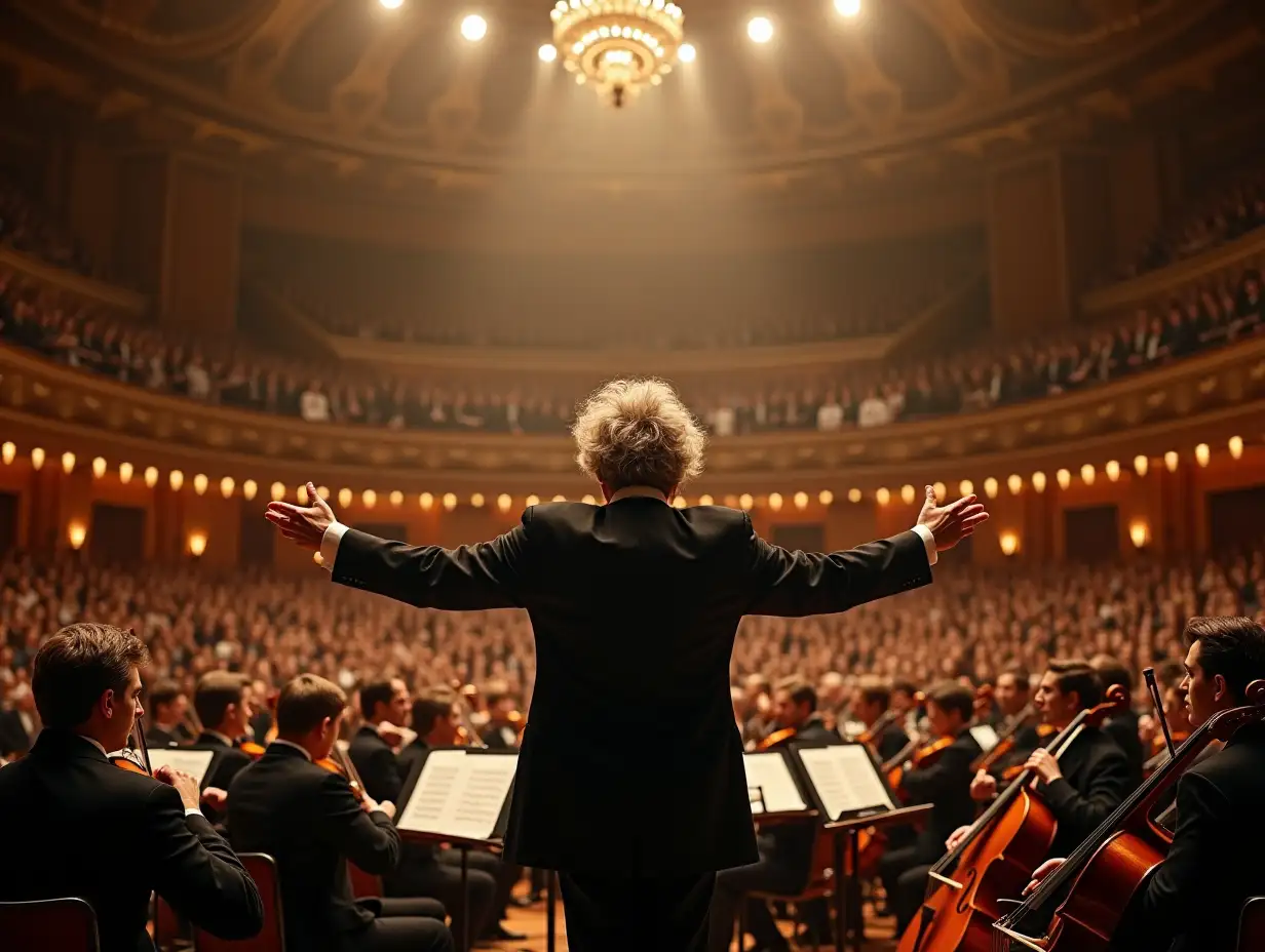 A grand concert hall, illuminated by warm light, with a large audience in anticipation. The orchestra is seated on a raised platform, their instruments gleaming in the spotlight. Ludwig van Beethoven stands in the center of the orchestra, his figure commanding the scene. He is dressed in a black suit and white cravat, his hair slightly disheveled with passion. His face is etched with concentration and determination as he conducts the opening movement of his iconic Symphony No. 5 in C Minor, Op. 67 - I. Allegro con brio. The orchestra is a vibrant tapestry of musicians, around 80 in total. Violins, cellos, violas, and double basses create a rich foundation, while the woodwinds - flutes, oboes, clarinets, and bassoons - add depth and complexity. The brass section, with their gleaming trumpets, trombones, and horns, punctuates the music with powerful blasts. The timpani player stands poised, ready to strike the drums with thunderous precision. The image should capture the energy and drama of the performance, the electrifying atmosphere of the concert hall, and the timeless beauty of Beethoven's music. The audience should be captivated by the performance, their faces alight with excitement and awe.