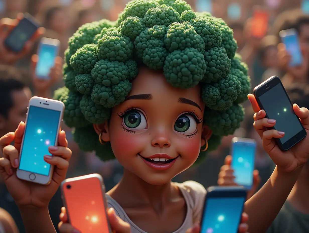 a picture with Disney appearance, with a girl with broccoli-like hair surrounded by thousands of smartphones