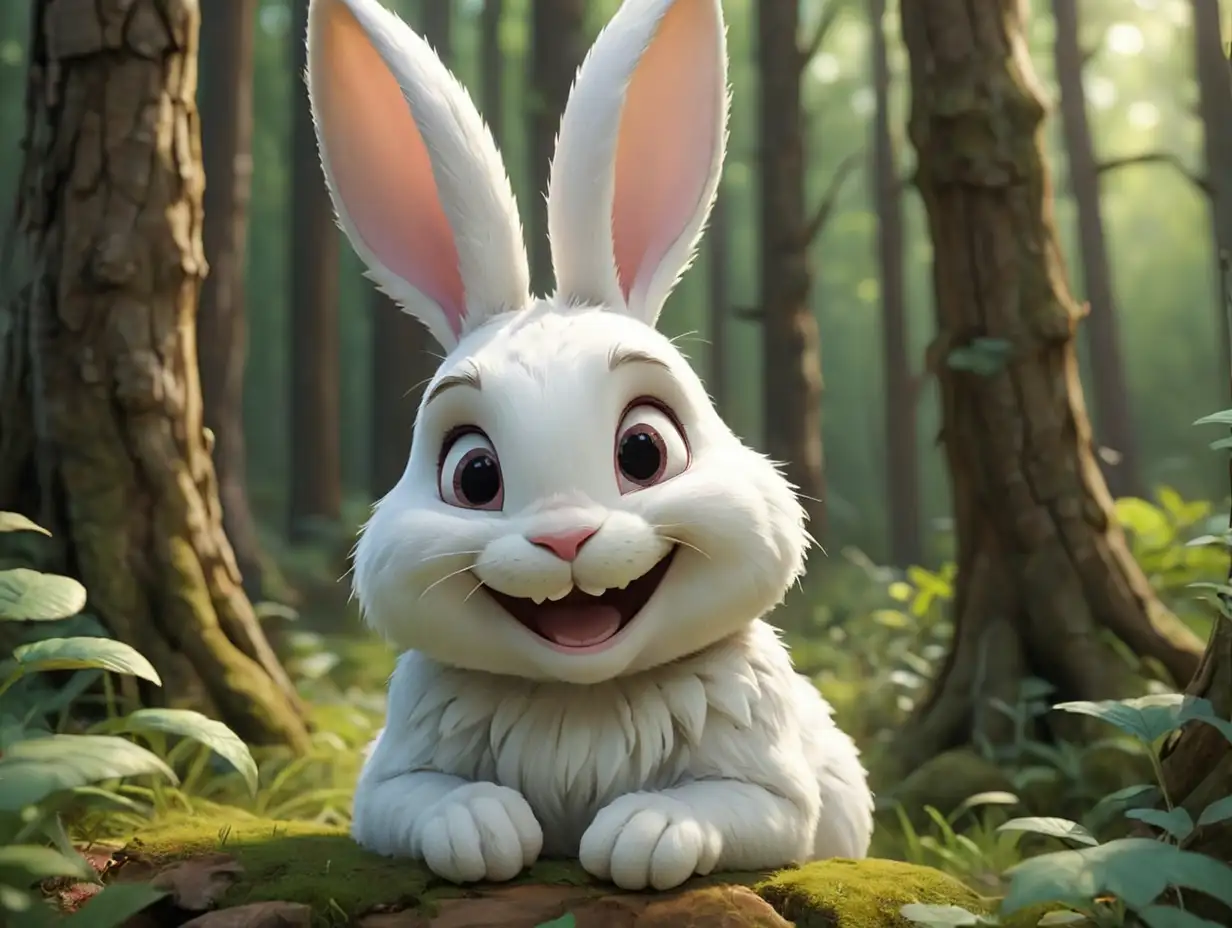 white rabbit very smile,  in the forest, forest, 3d disney inspire