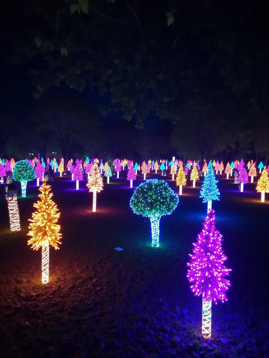 Plants and creatures alike burst into a radiant display. Flowers bloom in neon colors, trees light up with patterns running along their trunks, and the ground itself seems to ripple with light waves.