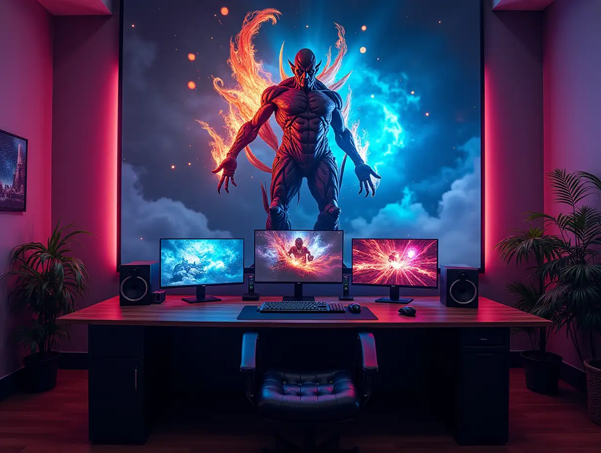 see a large gaming room with three monitors gaming table a statue of the attack on titan monster 180 degrees shots 8K resolution colorful