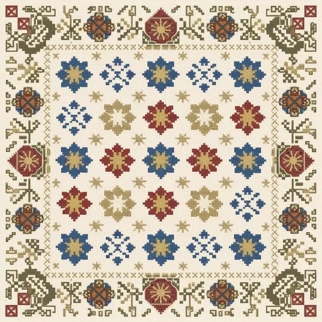 Victorian Style Cross Stitch Pattern with Starry Blue Gold Red and White Flower Icons on Cream Background