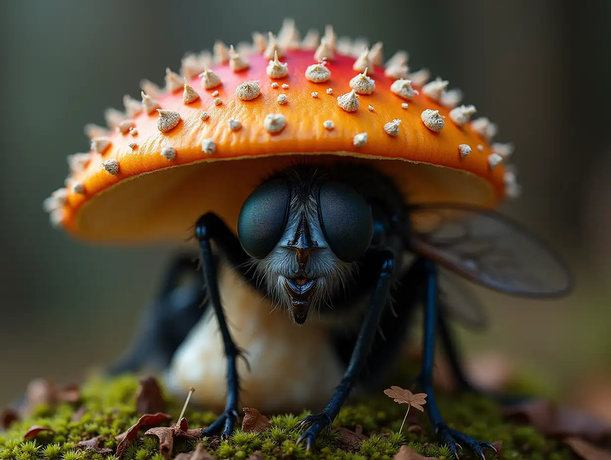 Prince with blue Fly AgaricnRoots in face Full body representation