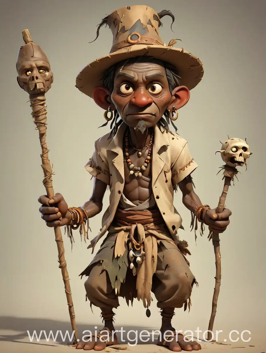 generate an unusual cartoon character according to the description: A witch doctor is a person who treats people in primitive ways, sometimes with witchcraft techniques designed for superstition and ignorance of people; does not have a doctor's degree or a medical professional, is a self-taught physician. Without background