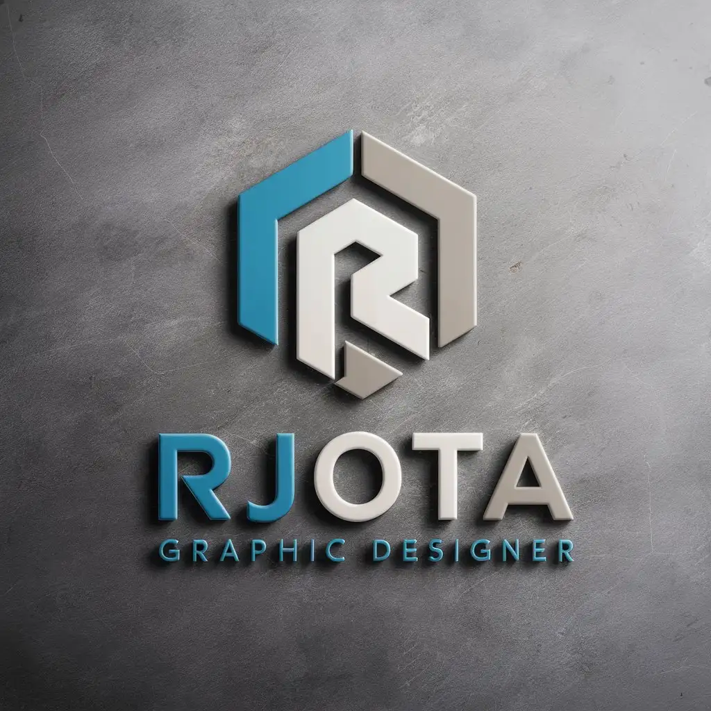 LOGO Design for RJota Graphic Designer 3D Mockup in Blue Gray White and Black Colors