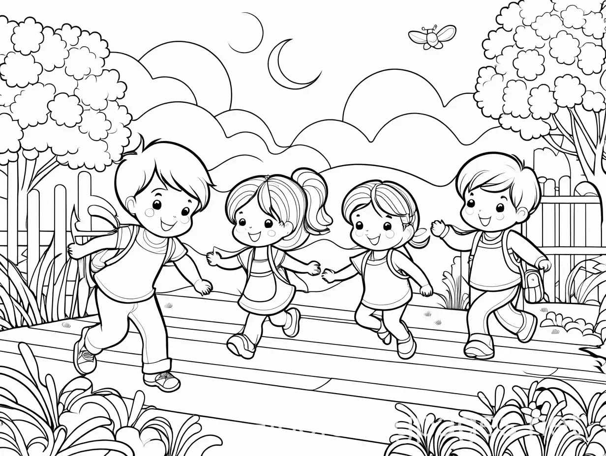 Children-Playing-Together-Coloring-Page-Black-and-White-Line-Art