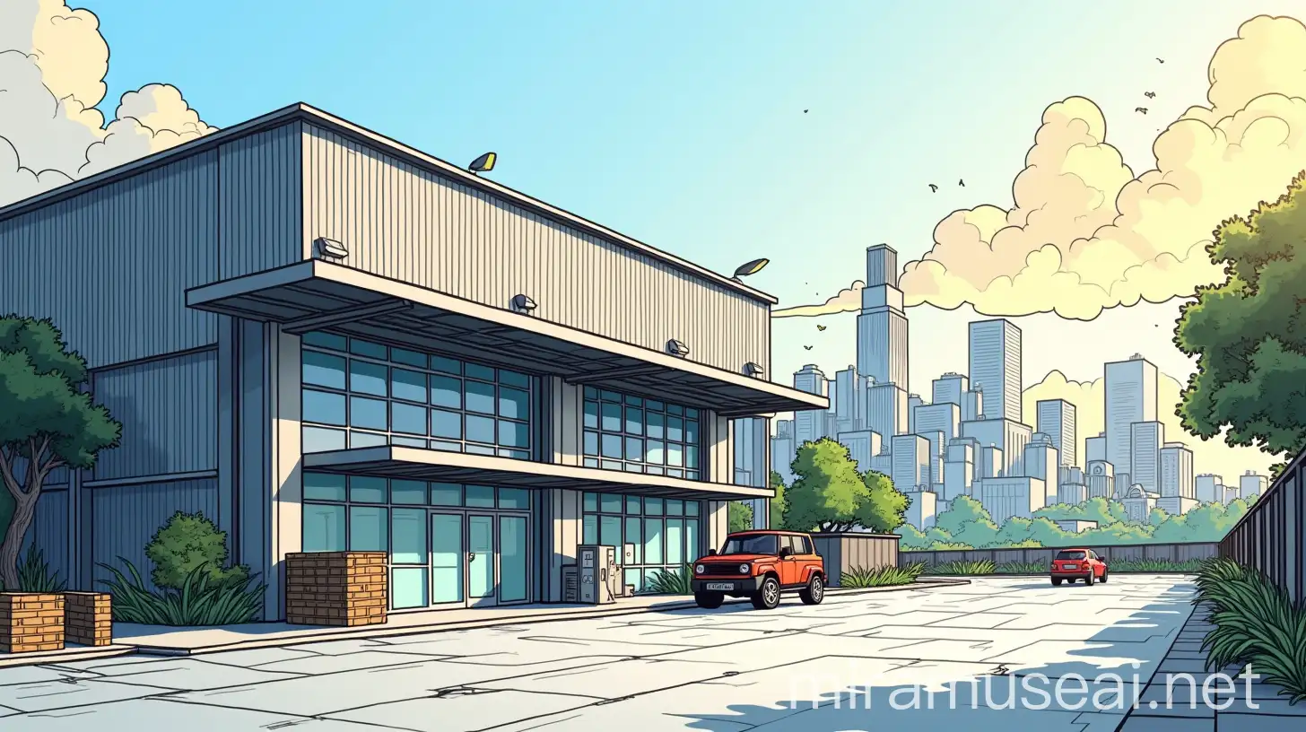 outdoor of a big modern warehouse in the city. in american comics, lineart, in colors