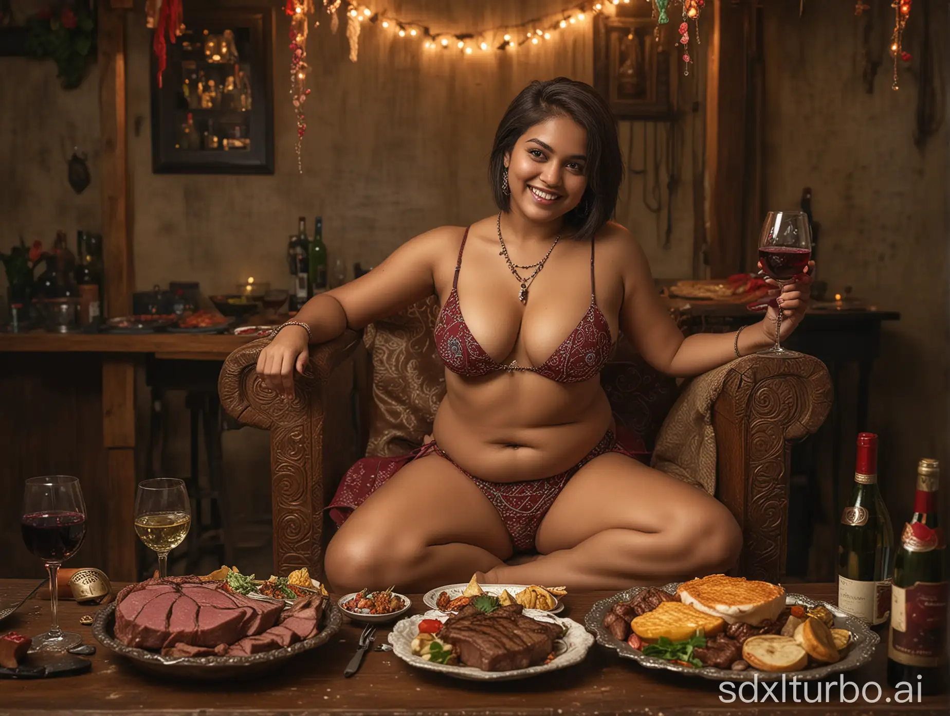 Indian-Girl-in-Tie-Bikini-Enjoying-Wine-with-Roasted-Beef