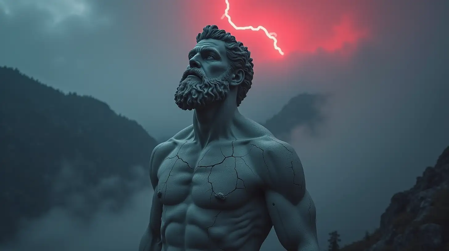 Stoic Greek Man Sculpted in Stone Amid Mystical Mountains and Red Lightning