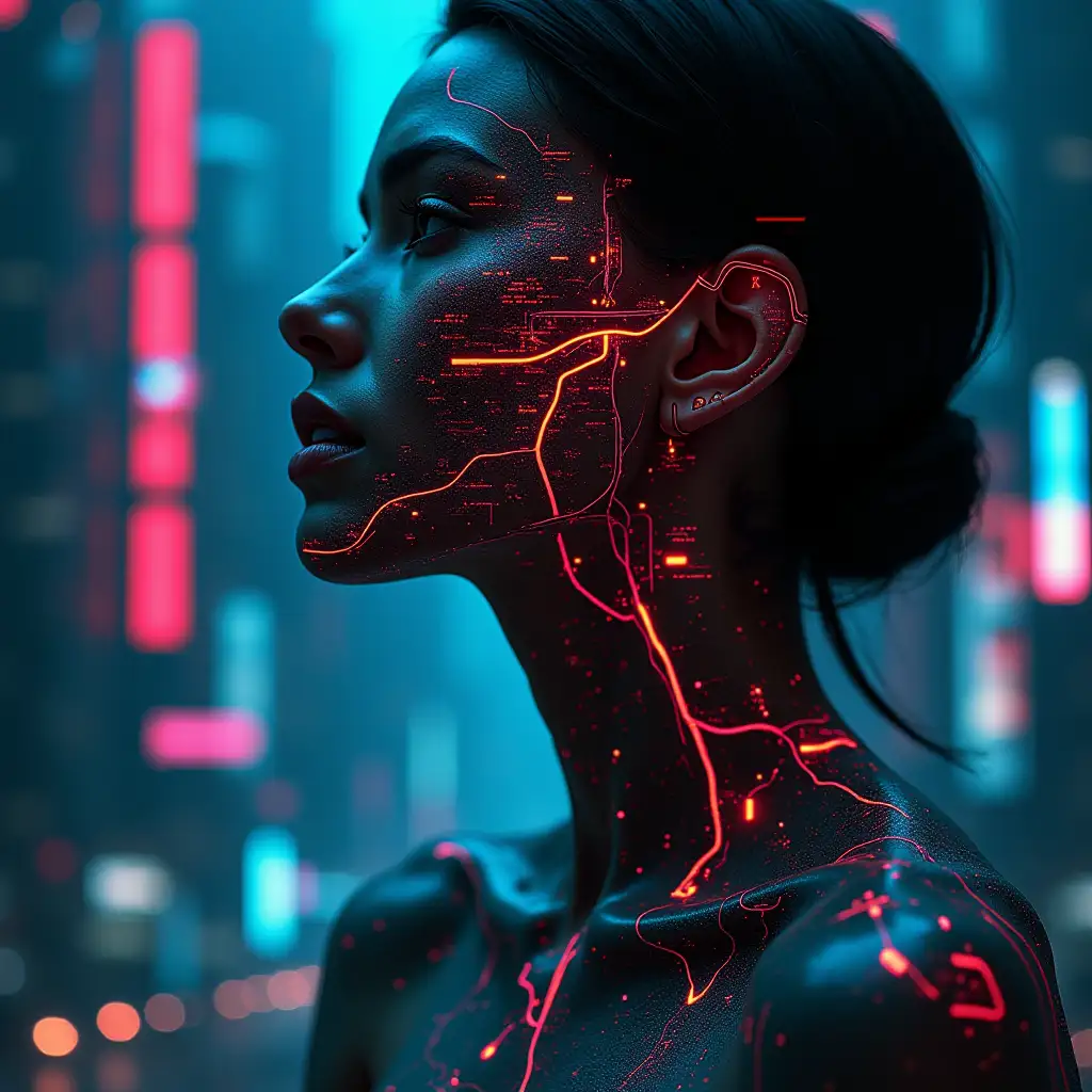 Futuristic-Cybernetic-Woman-with-Glitch-Effects-in-Dystopian-Cityscape