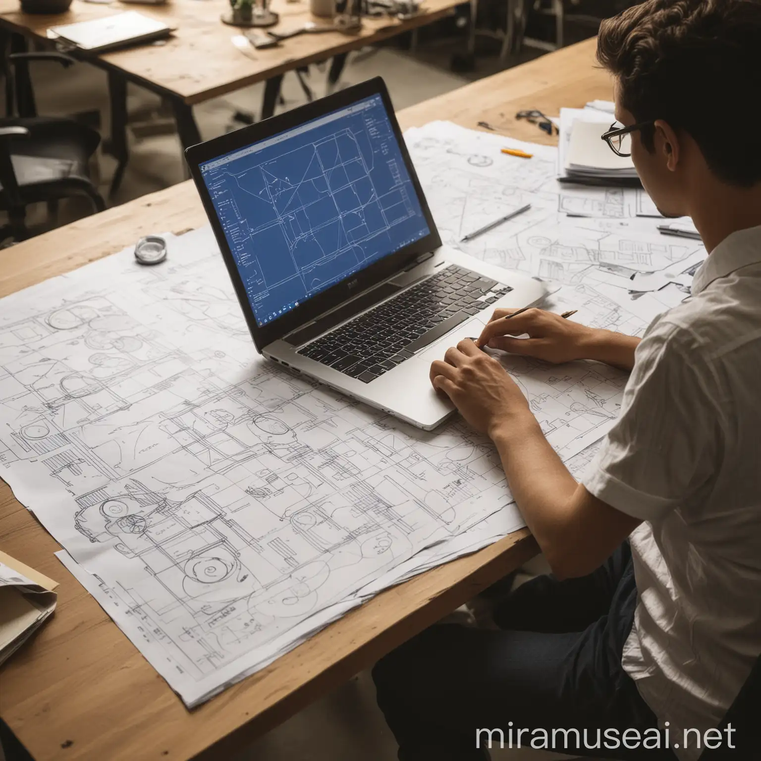 Architect Using Blueprints and Laptop in Modern Workspace