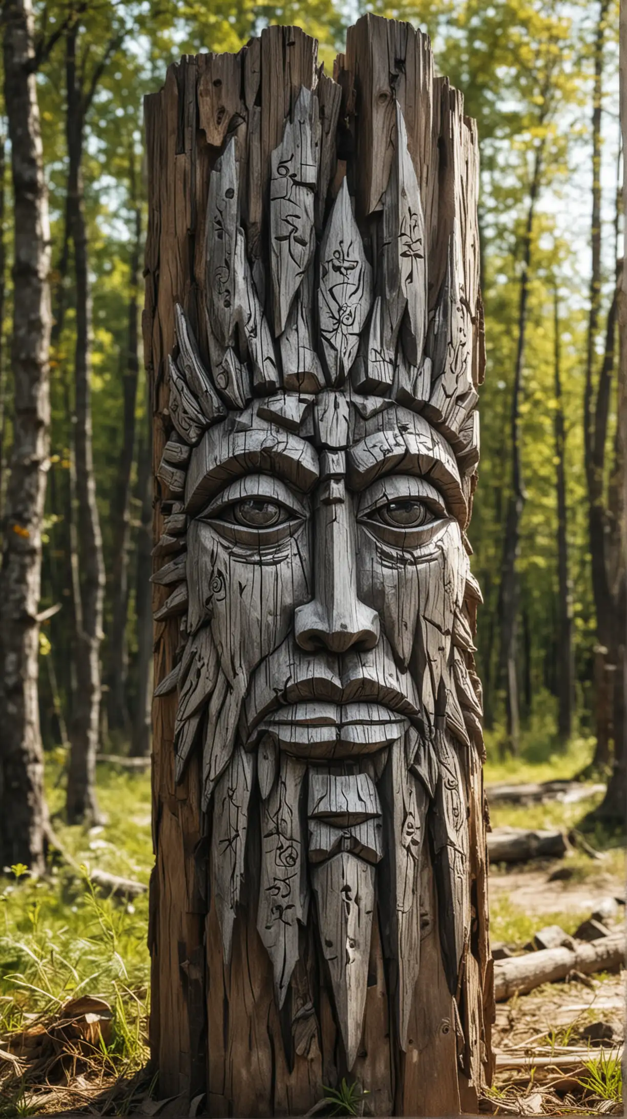 Anime Style Sunny Day Drawing of Wooden Slavic Pagan Totem with Crack