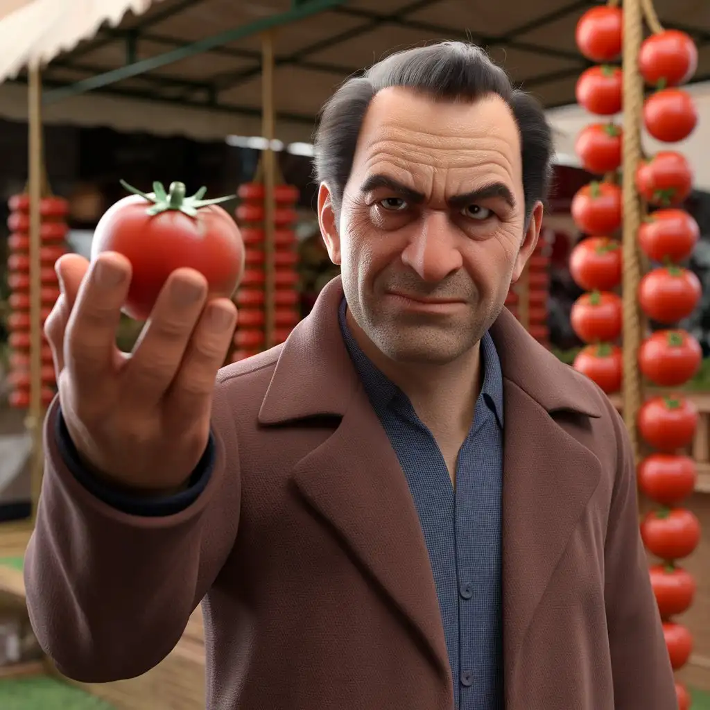 Plump-Armenian-Man-Offering-Tomato-in-Market-with-3D-Tomatoes-Background