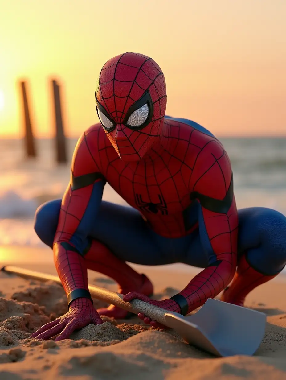 A highly detailed 3D-rendered image of Spider-Man wearing his iconic red and blue suit, crouching on a sandy beach at sunset, holding a large metal shovel as he digs a hole. The scene is illuminated by warm golden light, casting long shadows and enhancing the textures of his suit, the grains of sand, and the metallic shine of the shovel. His suit features intricate web patterns and a black spider emblem on his chest. The background showcases a scenic ocean view with wooden posts sticking out of the sand, remnants of an old structure. The atmosphere is cinematic, with a slight breeze visible in the sand movement. The image is ultra-realistic, with a 4K resolution, capturing fine details such as reflections on Spider-Man’s lenses, fabric textures, and the rough yet smooth sand particles.