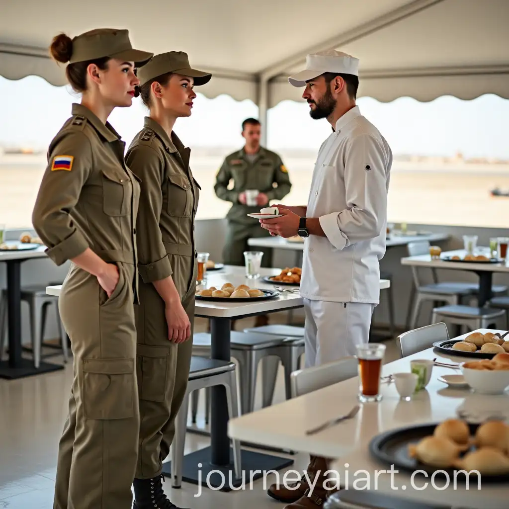 Female-MilitaryAI-Image-Prompt-Expansion-Pilots-and-Male-Cook-in-Modern-Canteen-Tent-with-Traditional-Russian-Food