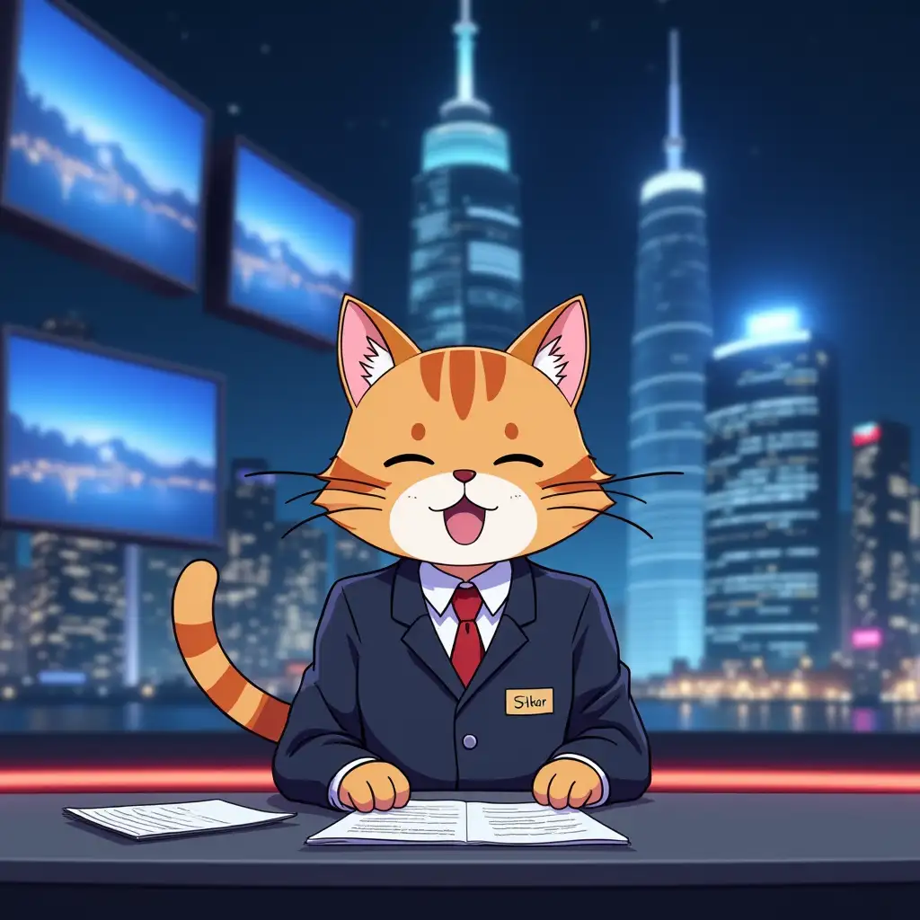 Humanoid-Cat-News-Presenter-in-HighTech-Studio-with-Nighttime-Cityscape