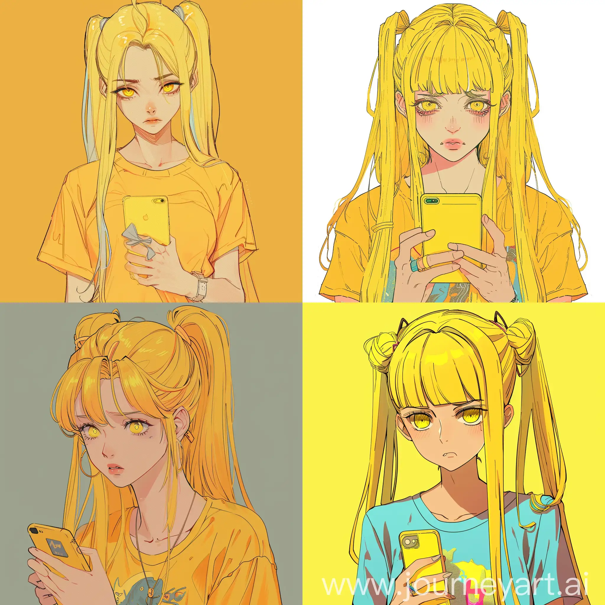 Anime-Girl-with-Yellow-Hair-and-Phone-Frowning-in-Thought