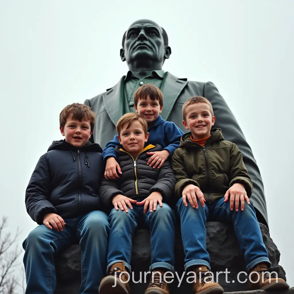 Three-Children-and-Three-Men-Sitting-on-Lenin-Monument-in-Kharkov
