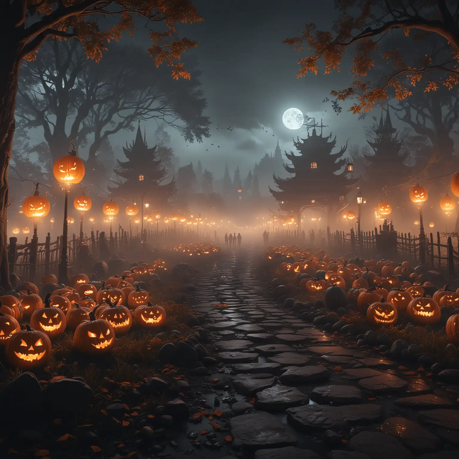 Folk-Festival-with-Glowing-Pumpkins-and-Dragon-Outline-in-Foggy-Night