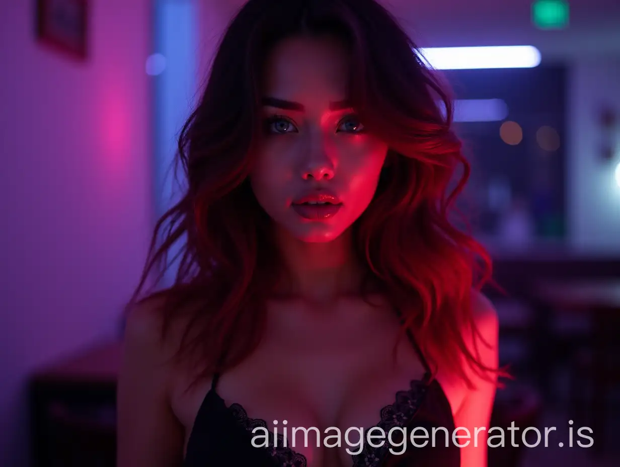 Close-up portrait of a young woman with a captivating gaze. Asian, 20s, featuring vibrant, wavy hair, with streaks of crimson and deep burgundy blending with black. She wears a black, low-cut, halter-style top showcasing cleavage and intricate lace detailing. Her expression is alluring, with full lips and intense, light blue eyes. Slight smirk/smoldering expression, conveying a playful sensuality. She possesses a curvaceous figure, with a confident body language. The setting is a dimly lit, nightclub-like environment filled with soft purple, blue, and pink hues. The lighting is dramatic, with focused illumination highlighting her features, creating a sensual mood. The background is out-of-focus, emphasizing her as the central subject. Composition is frontal and close-up, drawing attention to her face and body. The colors are bold and vibrant, accentuated by the lighting. A smooth, glossy texture is evident on the skin and hair. The overall style is suggestive and provocative.