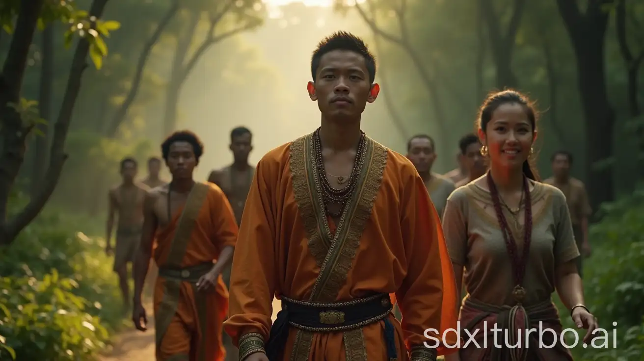 Image of Betoambari, a dashing young man in traditional Javanese dress, with wa sirigina, the smiling daughter of an ancient Javanese king, walking towards Wolio with his followers, the background is a forest with a mystical forest atmosphere in the late afternoon with dim sunlight.