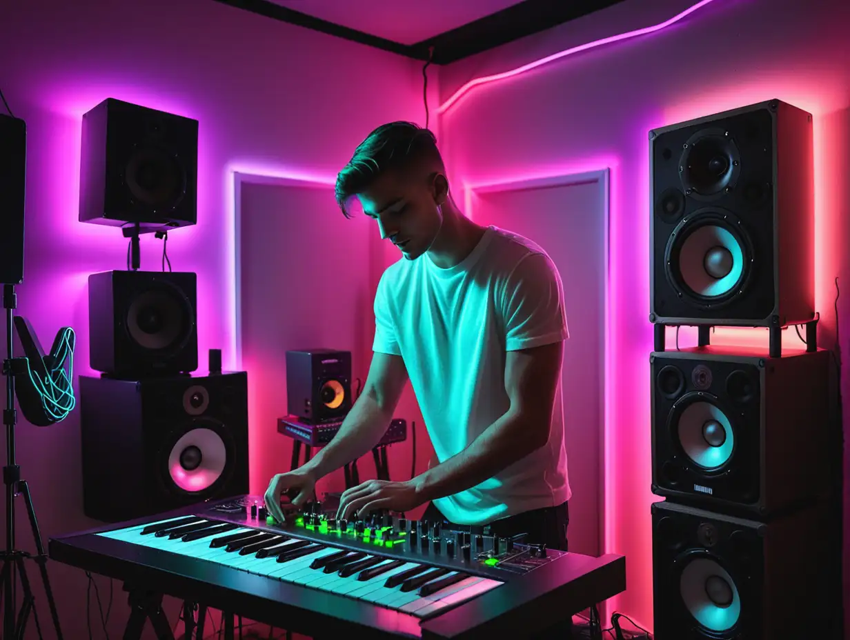 Male Model Creating a Home Music Studio with Neon Lights