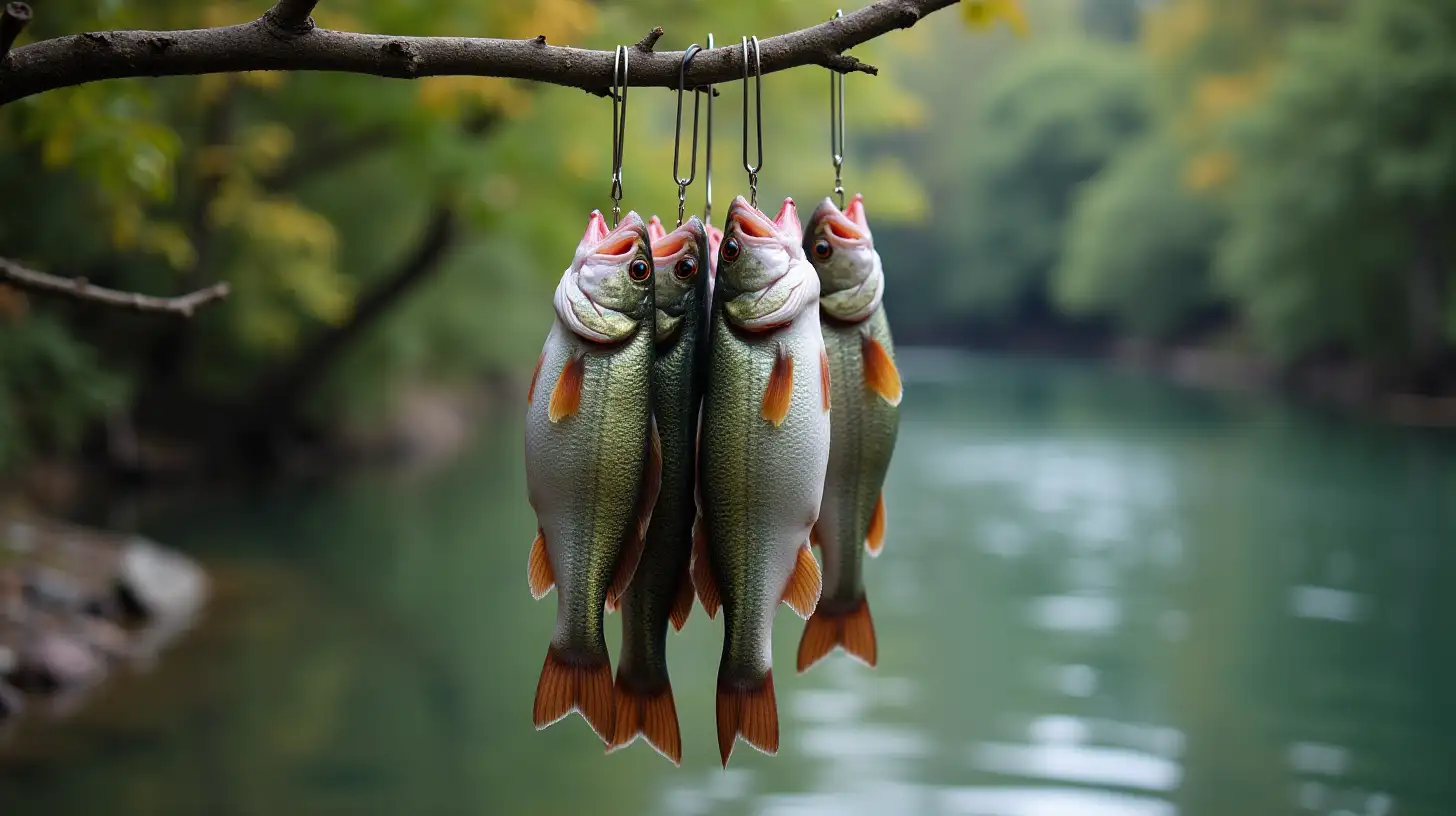 Colorful Fish Dangling from a Hook Above a Serene River