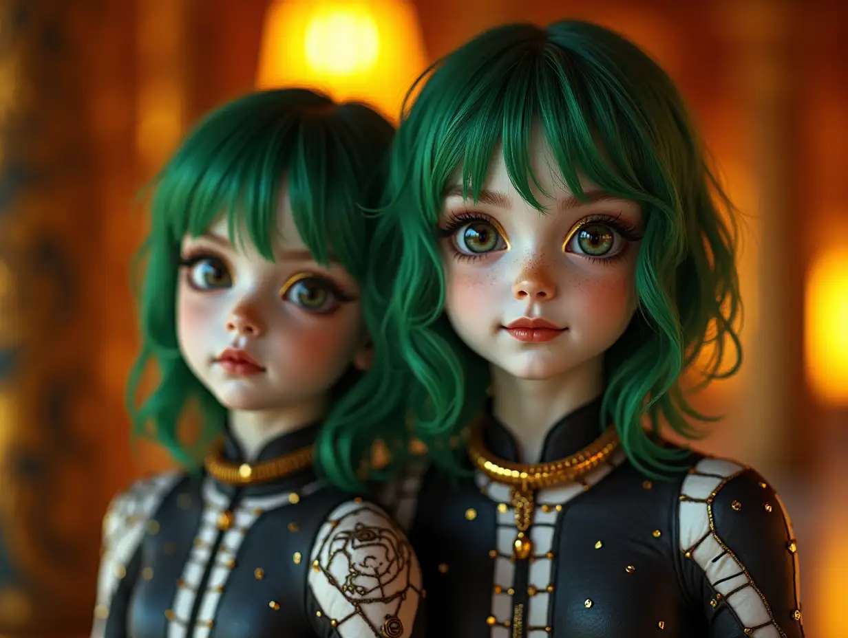 Two young black and white pattern girls with alien face, with green hair, with a slight smile on their faces, accentuating their smiles, modern retro jewelry, in a temple with much gold in various shades 4k