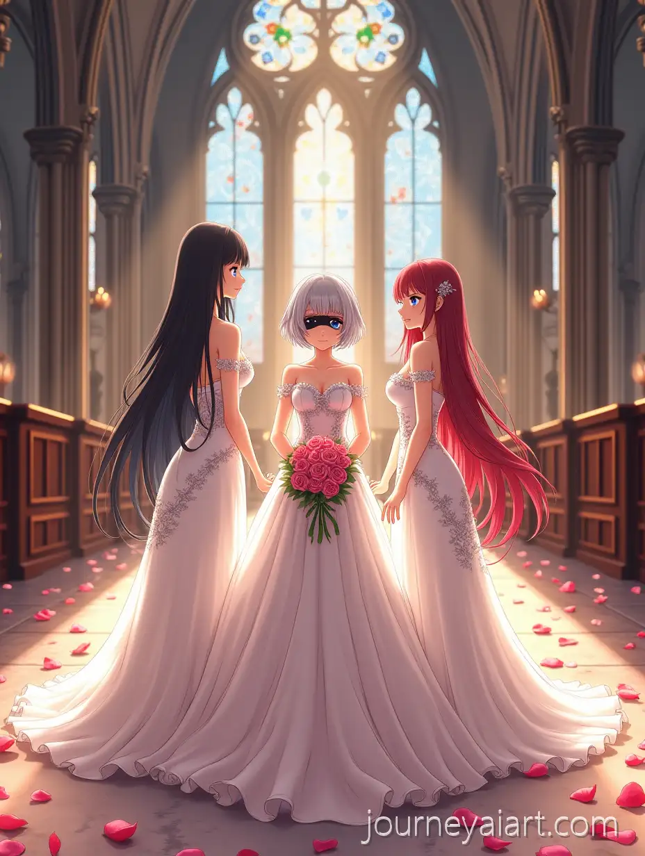 Three-Anime-Brides-in-Gothic-Cathedral-with-Stained-Glass-and-Rose-Petals