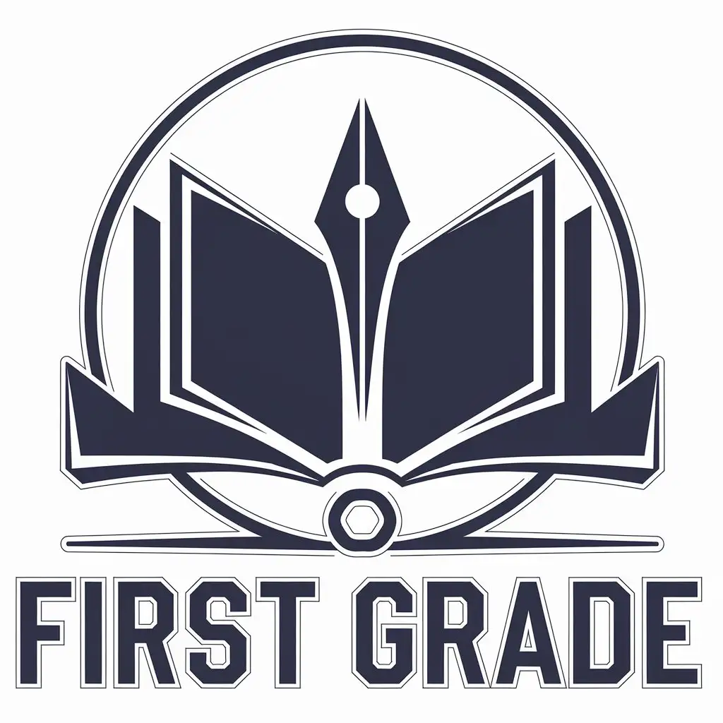 a vector logo design,with the text "first grade", main symbol:Geometric joined books and pens, forming an open circle, representing the pursuit of knowledge and infinite possibilities,Moderate,be used in Entertainment industry,clear background