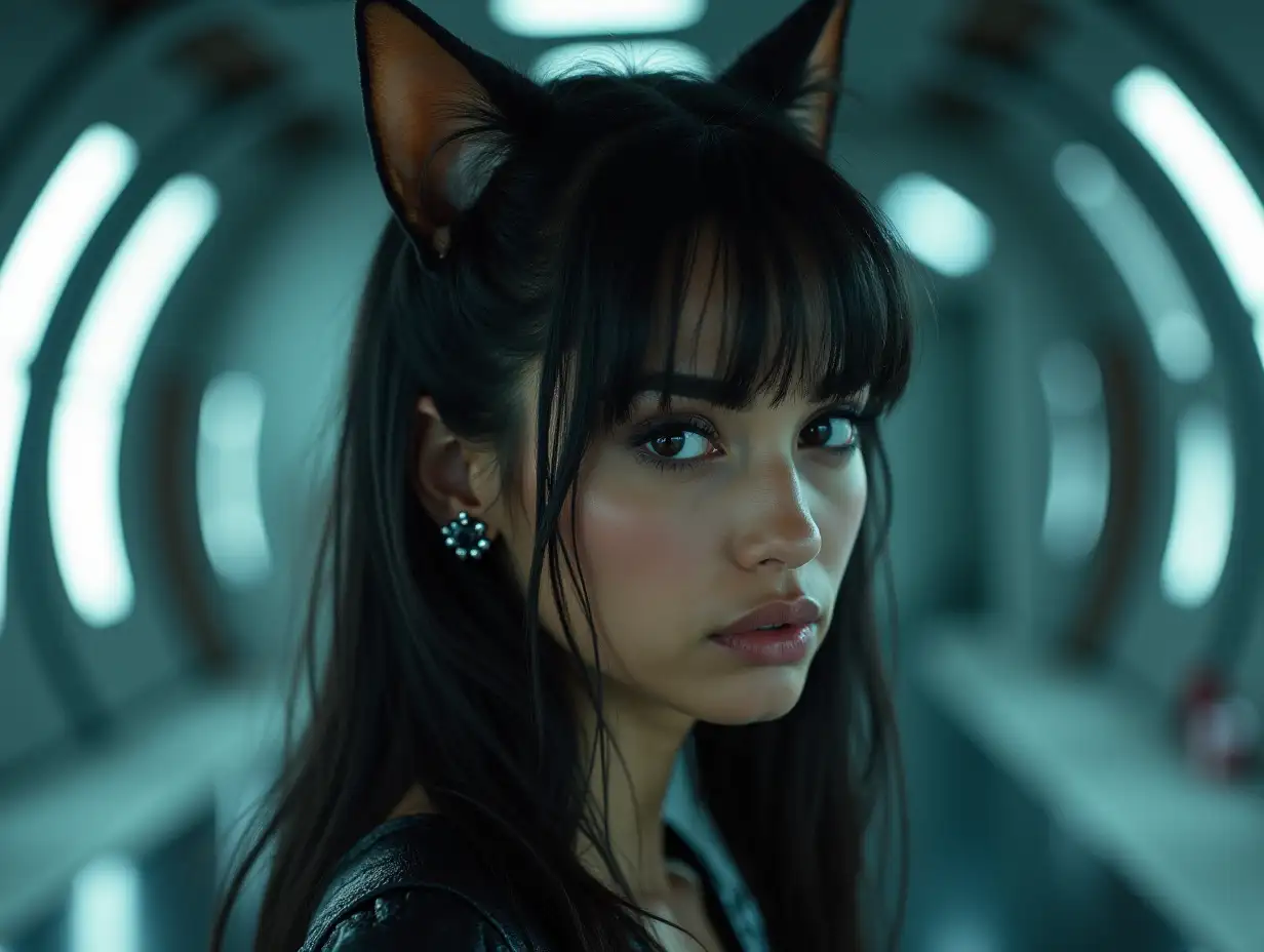 This image depicts a highly surreal scene set in a futuristic setting, possibly a spaceship or advanced facility, with a woman prominently in the foreground. She has unique, cat-like ears and a face resembling Jennifer Lopez, adding a mysterious, almost otherworldly quality to her appearance. Her expression is subtle yet intense, suggesting confidence or defiance. Her hair is dark and fringed