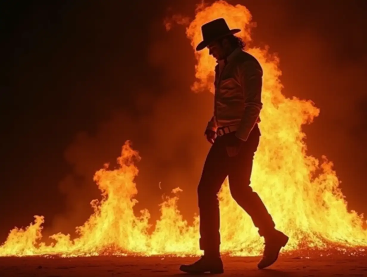 Michael Jackson doing a moonwalk out of a blazing fire